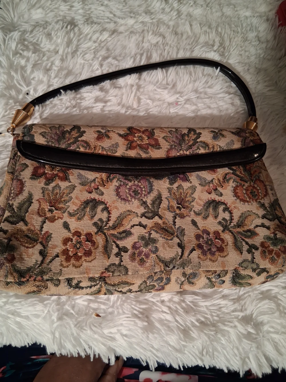 Vintage Floral Tapestry Clutch with Black Patent Handle